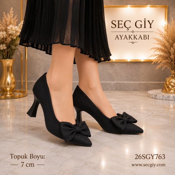 Siyah Fiyonk Detaylı Kadın Stiletto 7CM – Sivri Burun Şık Topuklu Ayakkabı