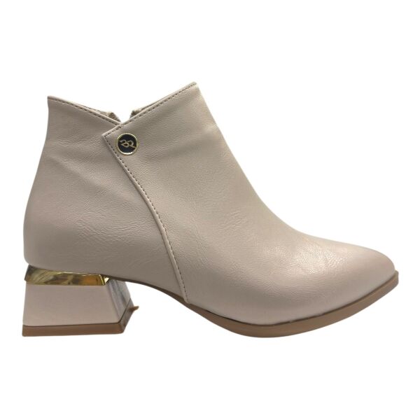 Bej Metal Detaylı Geometrik Topuk Kadın Bot