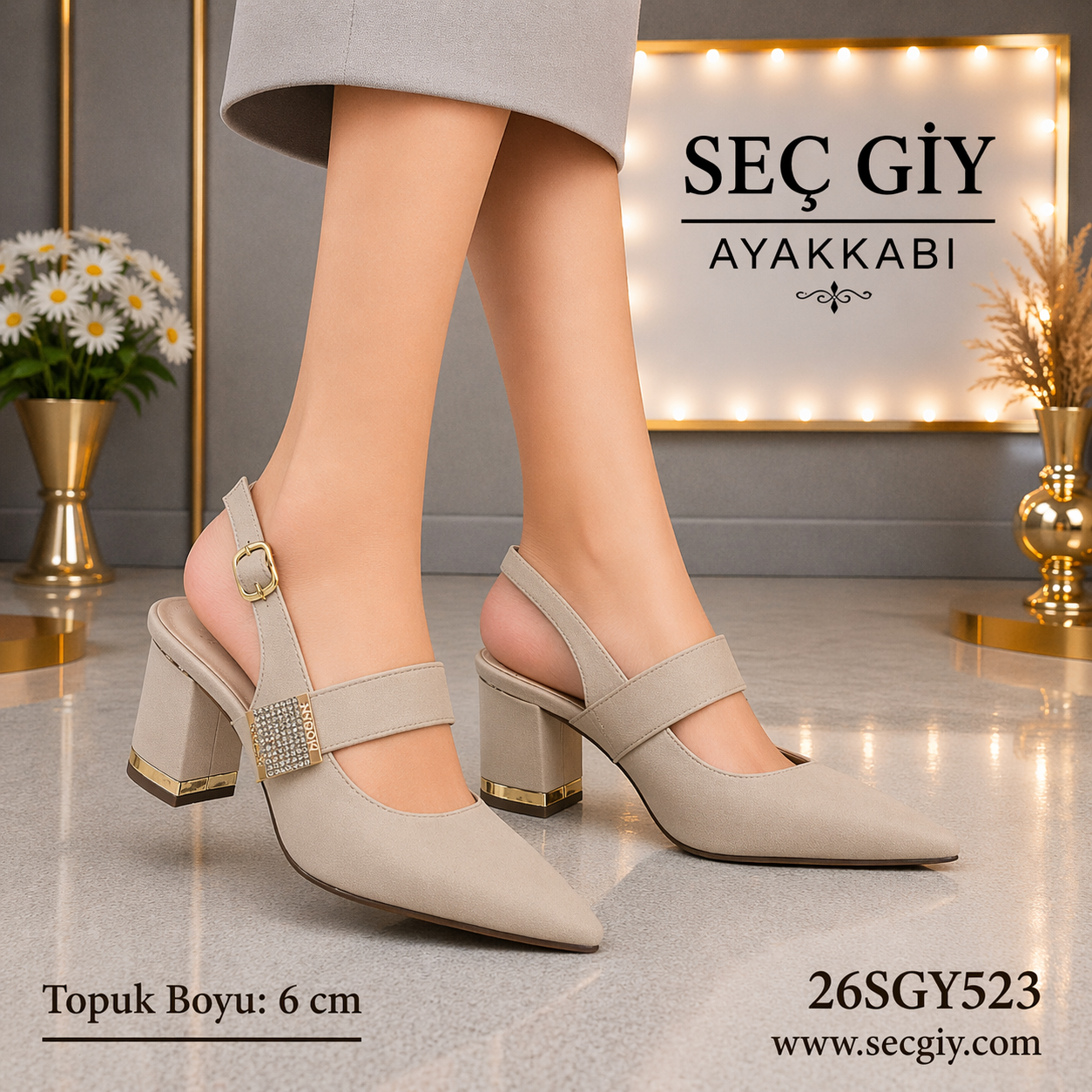 Nude Sivri Burun 6 cm Topuklu Slingback Kadın Ayakkabı Taşlı Tokalı Şık Model