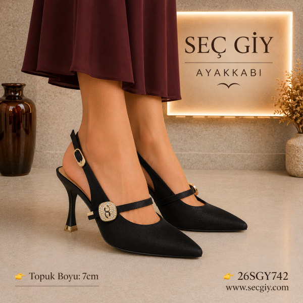 Siyah Taş Tokalı Slingback Kadın Topuklu Ayakkabı 7CM – Zarif Sivri Burun Abiye Model