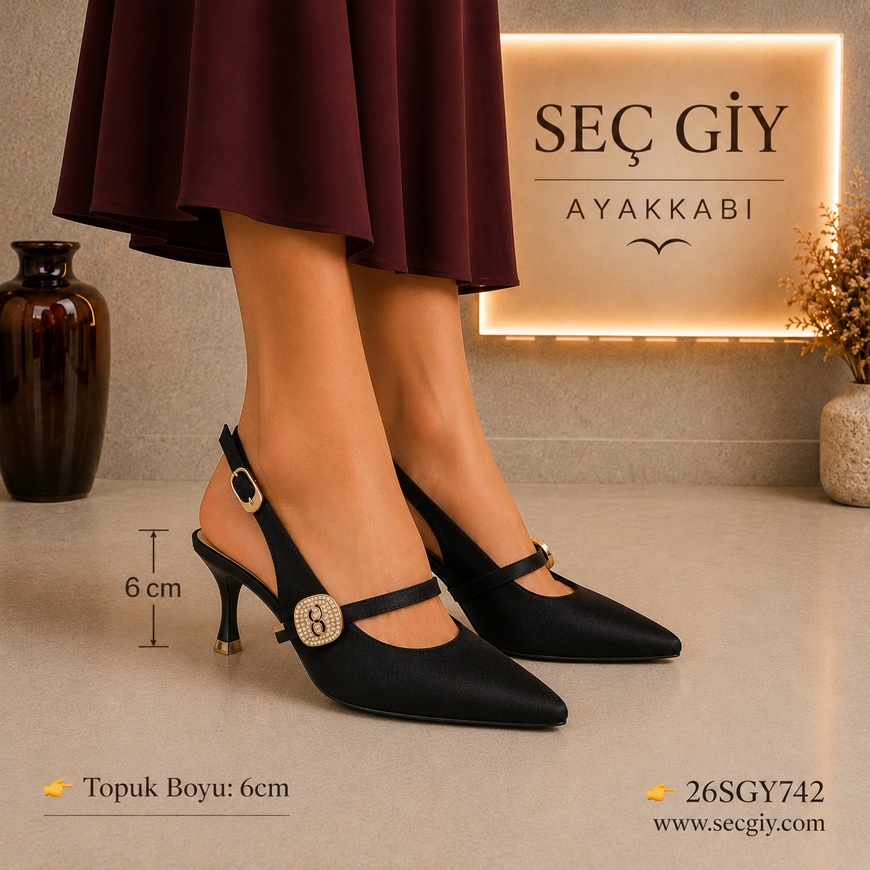 Siyah Taş Tokalı Slingback Kadın Topuklu Ayakkabı 6 CM – Zarif Sivri Burun Abiye Model