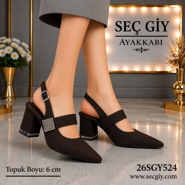 Kahverengi Sivri Burun 6 cm Topuklu Slingback Kadın Ayakkabı Taşlı Tokalı Şık Model