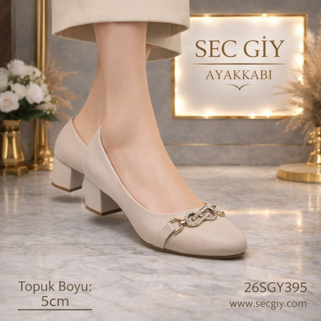 Bej Kadın Topuklu Ayakkabı 5 cm Kalın Topuk – Gold Taşlı Aksesuar Detaylı Klasik Model