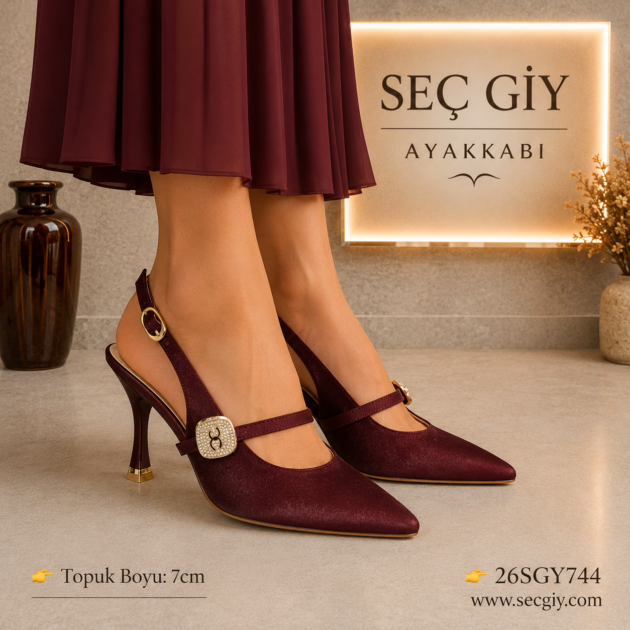 Bordo Taş Tokalı Slingback Kadın Topuklu Ayakkabı 7CM – Sivri Burun Şık Abiye Model