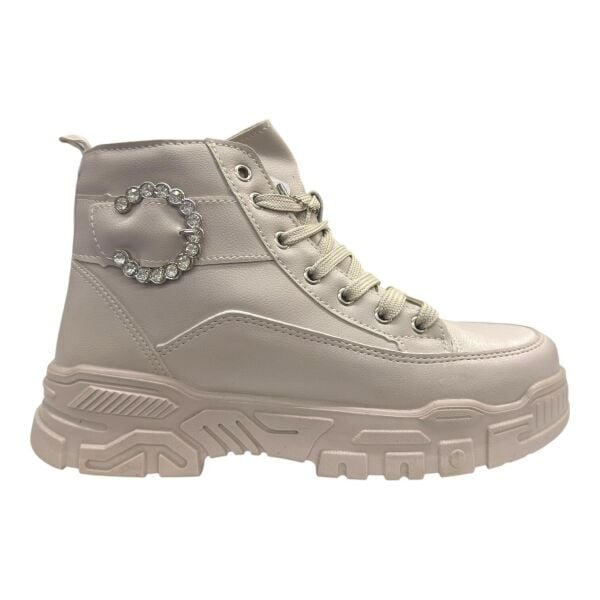 Beyaz Taş Tokalı Bej Kalın Taban Kadın Spor Bot