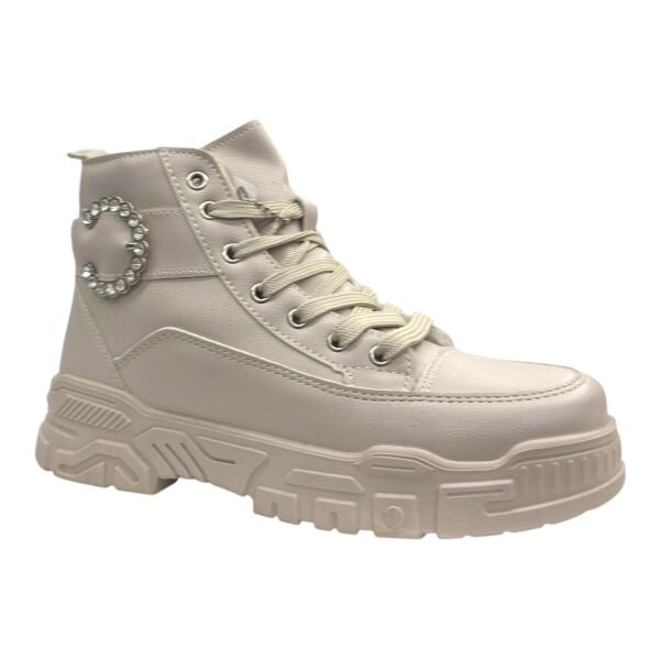 Beyaz Taş Tokalı Bej Kalın Taban Kadın Spor Bot