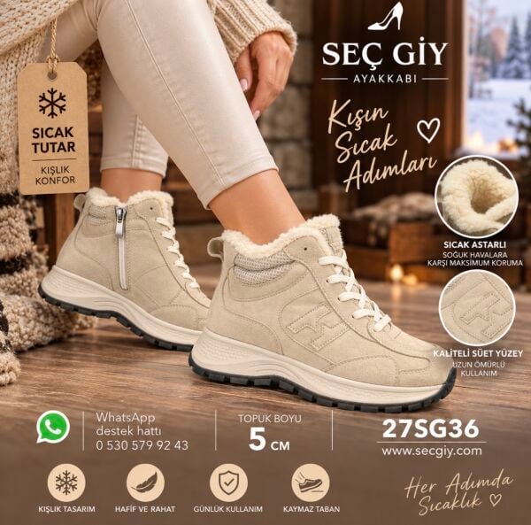 Bej İçi Kürklü Kadın Spor Bot – Sıcak Astarlı 5 cm Taban