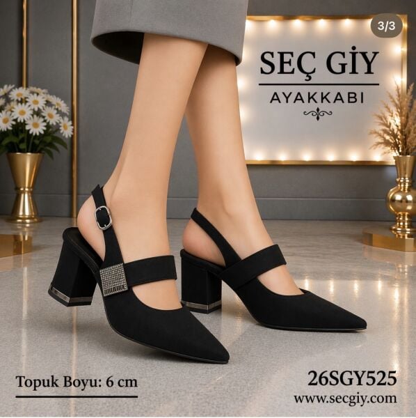 Siyah Sivri Burun 6 cm Topuklu Slingback Kadın Ayakkabı Taşlı Tokalı Şık Model