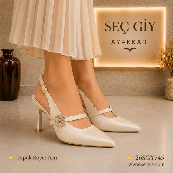 Ekru Taş Tokalı Slingback Kadın Topuklu Ayakkabı 7CM – Sivri Burun Şık Abiye Model