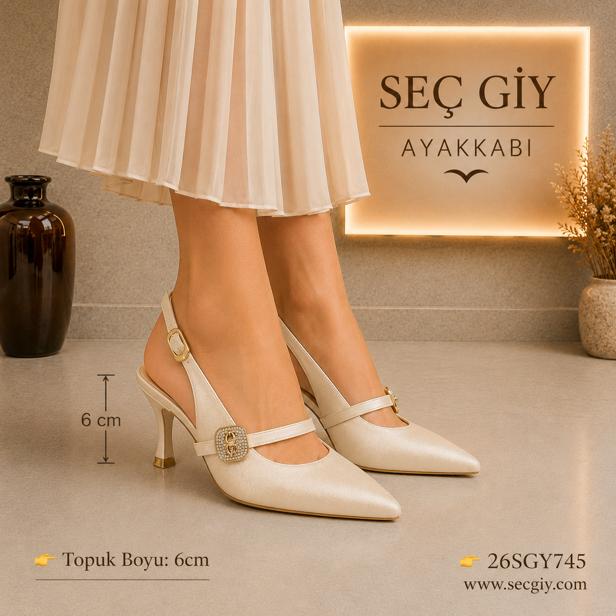 Ekru Taş Tokalı Slingback Kadın Topuklu Ayakkabı 6CM – Sivri Burun Şık Abiye Model