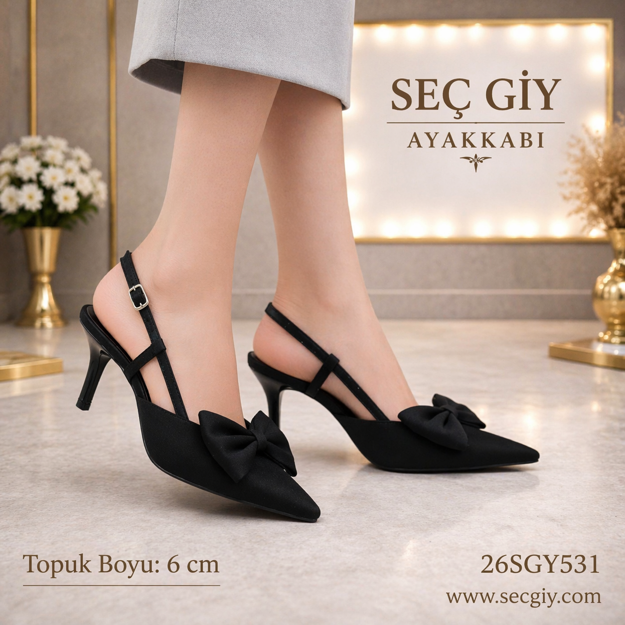 Siyah Fiyonk Detaylı Sivri Burun 6 cm Topuklu Slingback Kadın Ayakkabı Şık Model