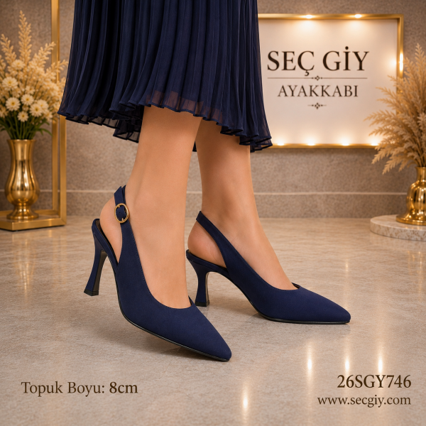Lacivert Slingback Kadın Topuklu Ayakkabı 8CM – Sivri Burun Klasik Şık Model