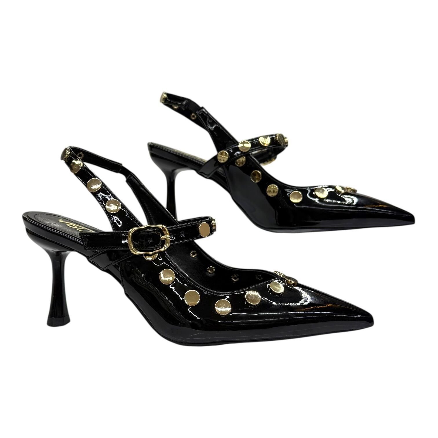 “Altın Perçinli Siyah Patent  Stiletto