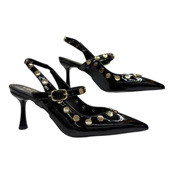 Altın Perçinli Siyah Patent  Stiletto