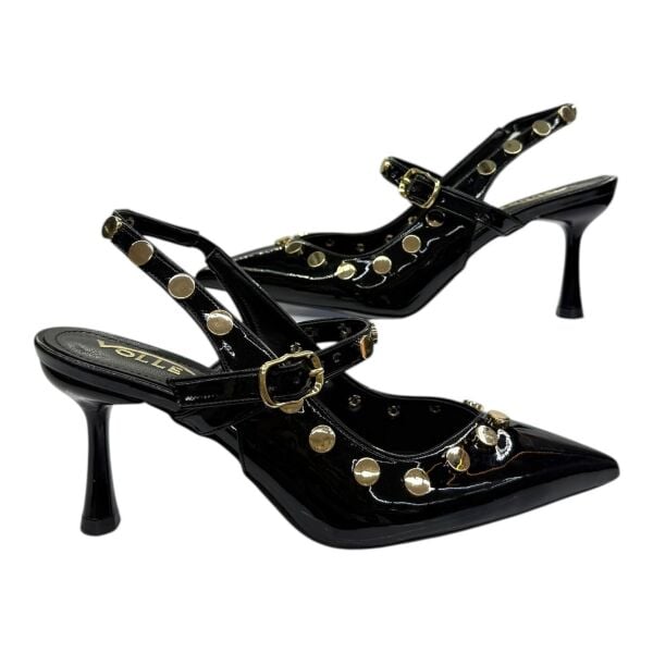 Altın Perçinli Siyah Patent  Stiletto
