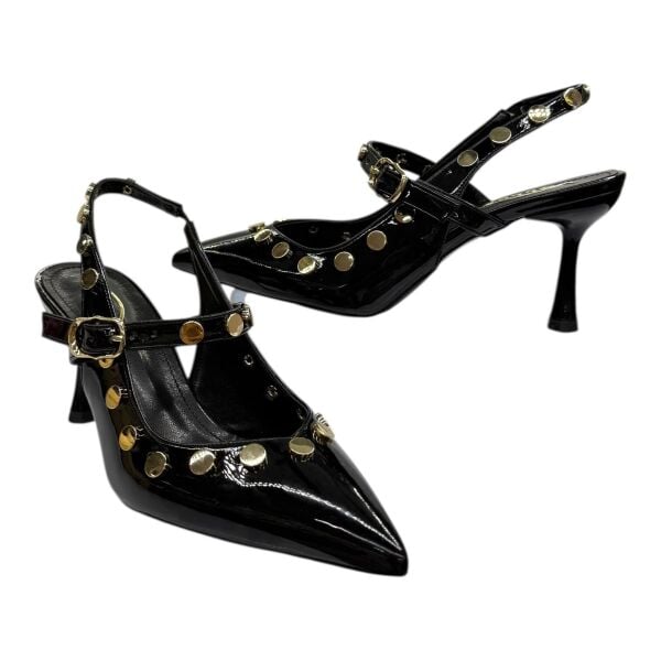 Altın Perçinli Siyah Patent  Stiletto
