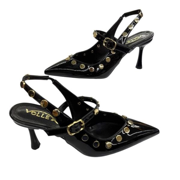 Altın Perçinli Siyah Patent  Stiletto
