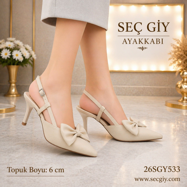 Nude Fiyonk Detaylı Sivri Burun 6 cm Topuklu Slingback Kadın Ayakkabı Şık Model