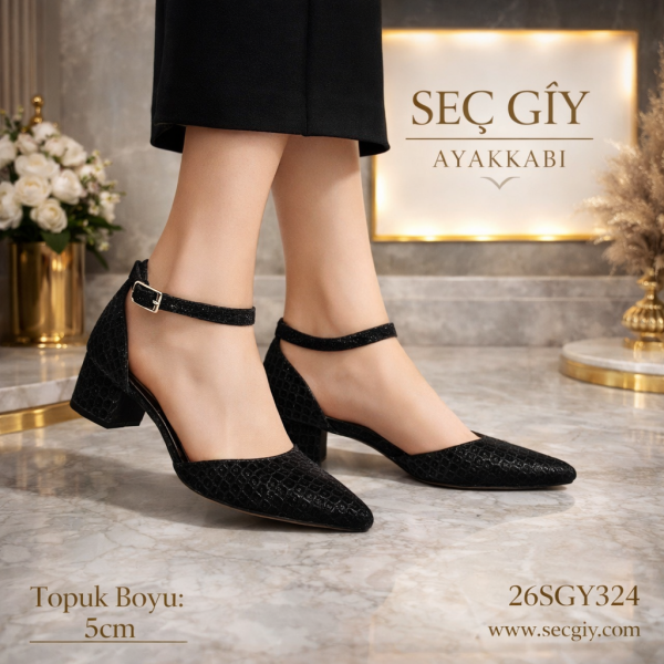 Siyah Kroko Desenli Kadın Topuklu Ayakkabı 5 cm Kalın Topuk – Bilek Bantlı Şık Model