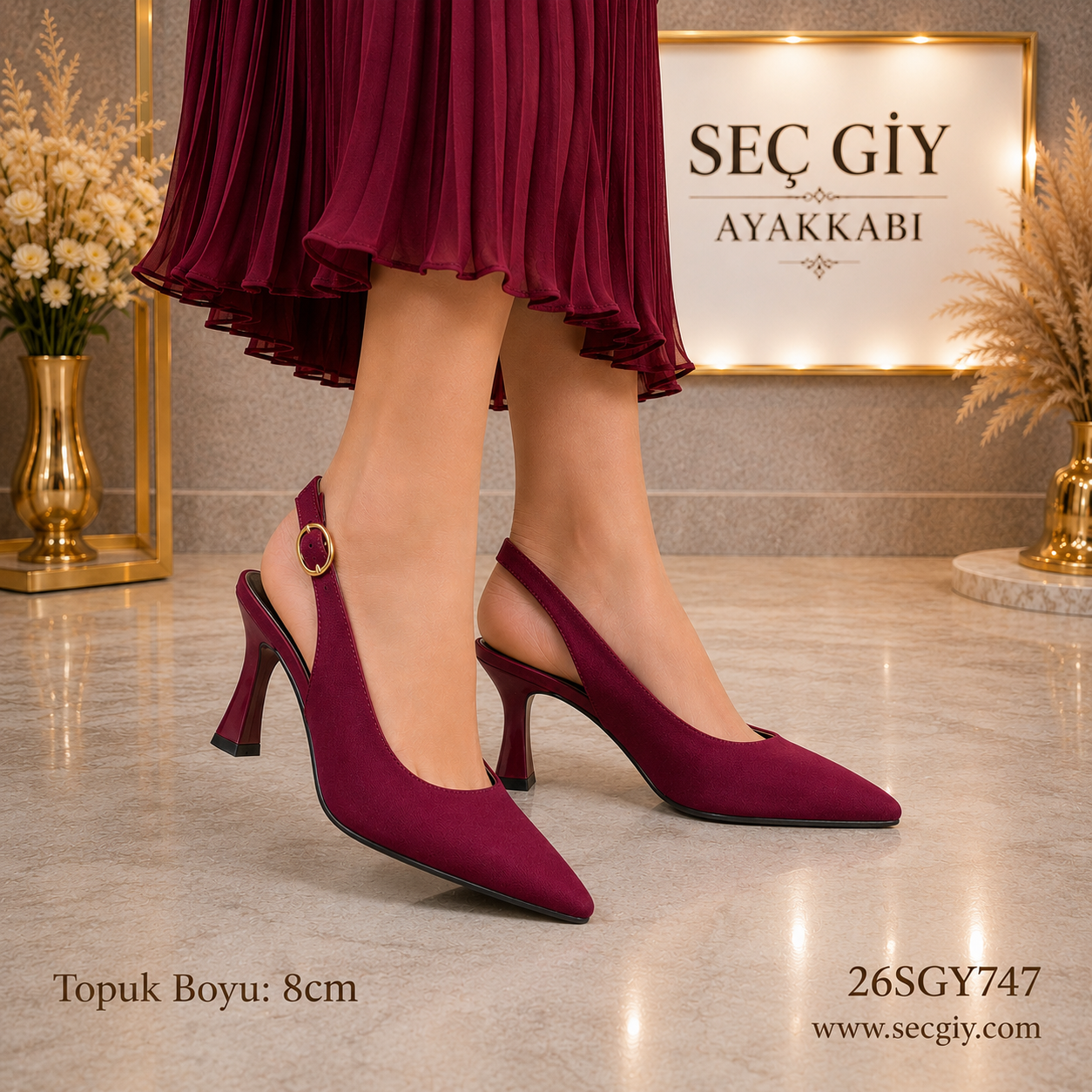 Bordo Slingback Kadın Topuklu Ayakkabı 8CM – Sivri Burun Şık Abiye Model