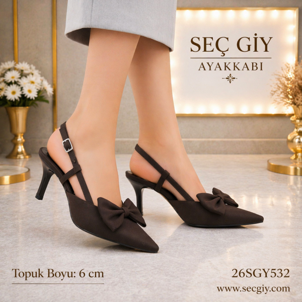 Kahverengi Fiyonk Detaylı Sivri Burun 6 cm Topuklu Slingback Kadın Ayakkabı Şık Model