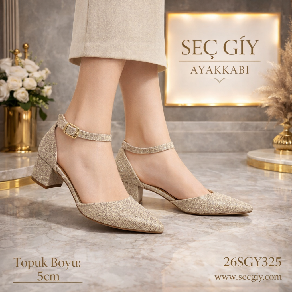 Altın Bej Dokulu Kadın Topuklu Ayakkabı 5 cm Kalın Topuk – Bilek Bantlı Şık Model