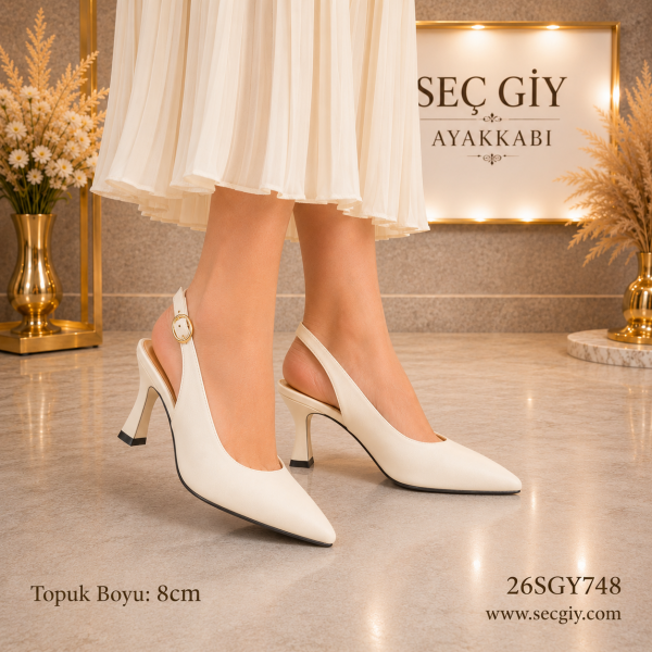 Ekru Slingback Kadın Topuklu Ayakkabı 8CM – Sivri Burun Klasik Şık Model