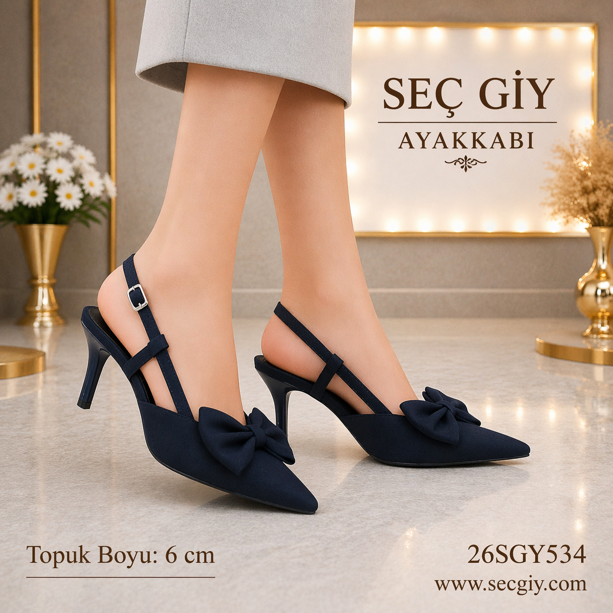 Lacivert Fiyonk Detaylı Sivri Burun 6 cm Topuklu Slingback Kadın Ayakkabı Şık Model