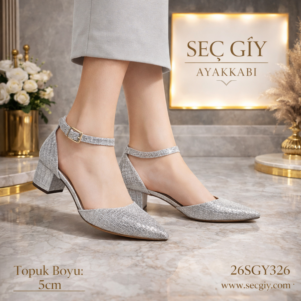 Gümüş Dokulu Kadın Topuklu Ayakkabı 5 cm Kalın Topuk – Bilek Bantlı Zarif Model
