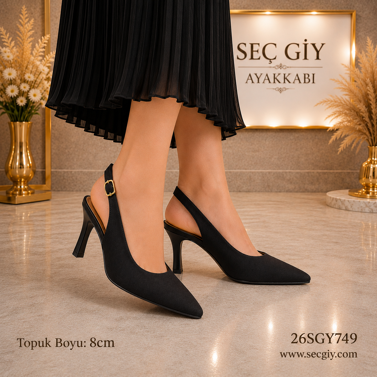 Siyah Slingback Kadın Topuklu Ayakkabı 8CM – Sivri Burun Klasik Şık Model