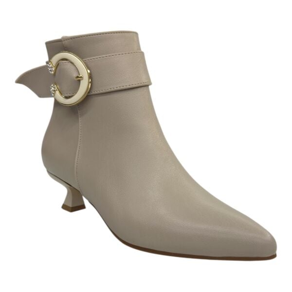 Bej Yuvarlak Tokalı İnce Topuk Kadın Bot