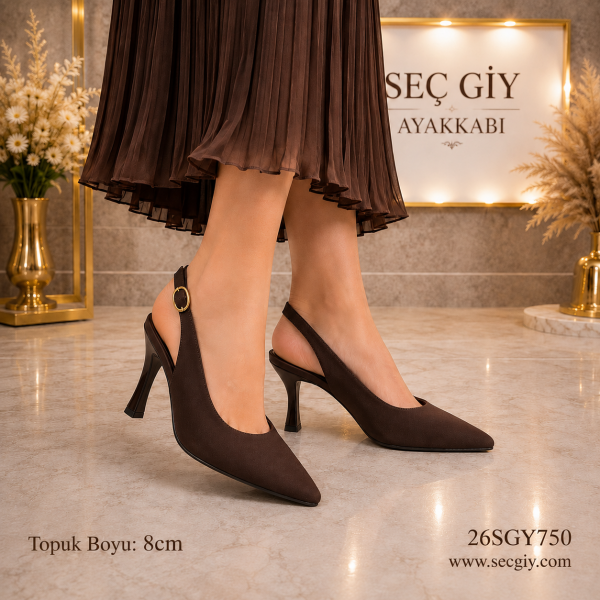 Acı Kahve Slingback Kadın Topuklu Ayakkabı 8CM – Sivri Burun Şık Klasik Model