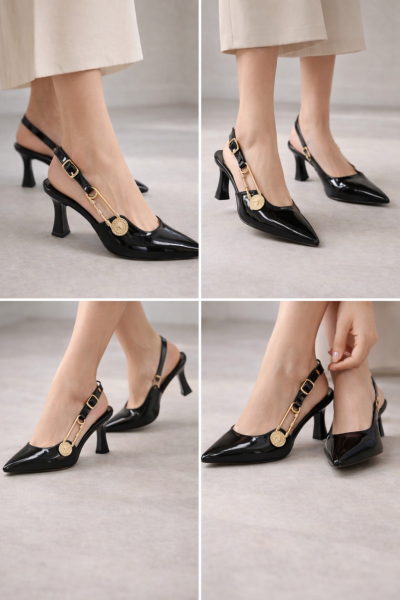 Kadın Siyah Rugan Topuklu Ayakkabı – Altın Madalyon Detaylı, Sivri Burun Şık Model