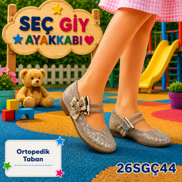 Kız Çocuk Gri Ortopedik Babet – Taşlı Fiyonk Detaylı Abiye Ayakkabı