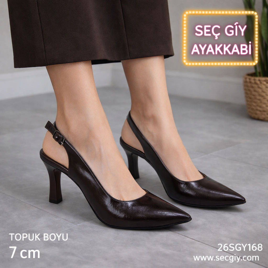 Kadın Topuklu Ayakkabı – Kahverengi Slingback 7 cm