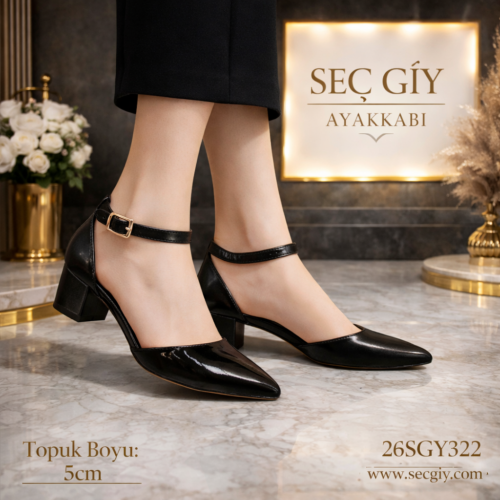 Siyah Rugan Bilek Bantlı Kadın Topuklu Ayakkabı 5 cm Kalın Topuk – Klasik Şık Model