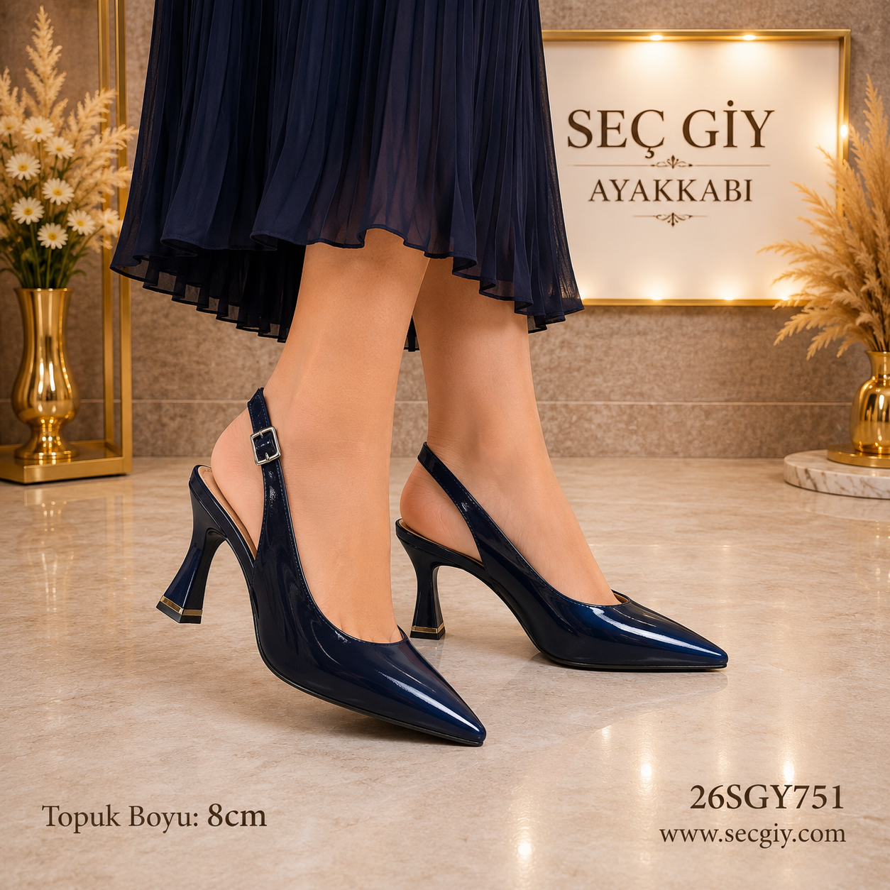 Lacivert Rugan Slingback Kadın Topuklu Ayakkabı 8CM – Sivri Burun Şık Abiye Model
