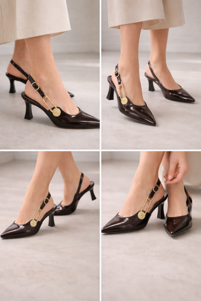 Kadın Kahverengi Rugan Topuklu Ayakkabı – Altın Madalyon Detaylı, Sivri Burun Şık Model