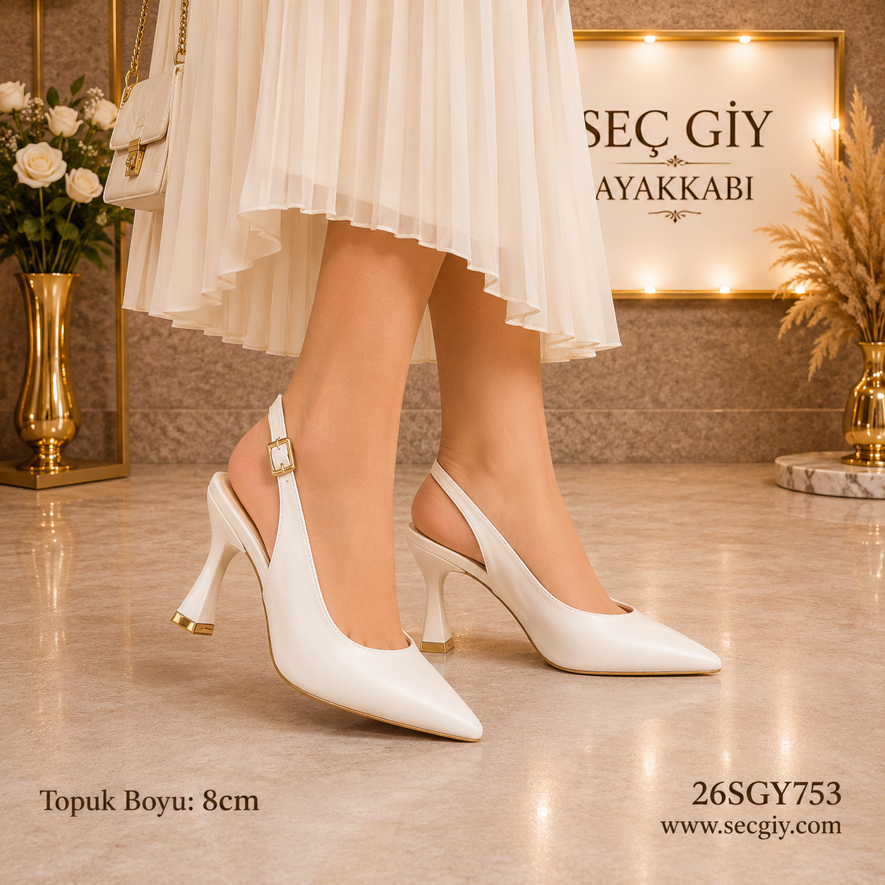 Beyaz Slingback Kadın Topuklu Ayakkabı 8CM – Sivri Burun Şık Abiye Model