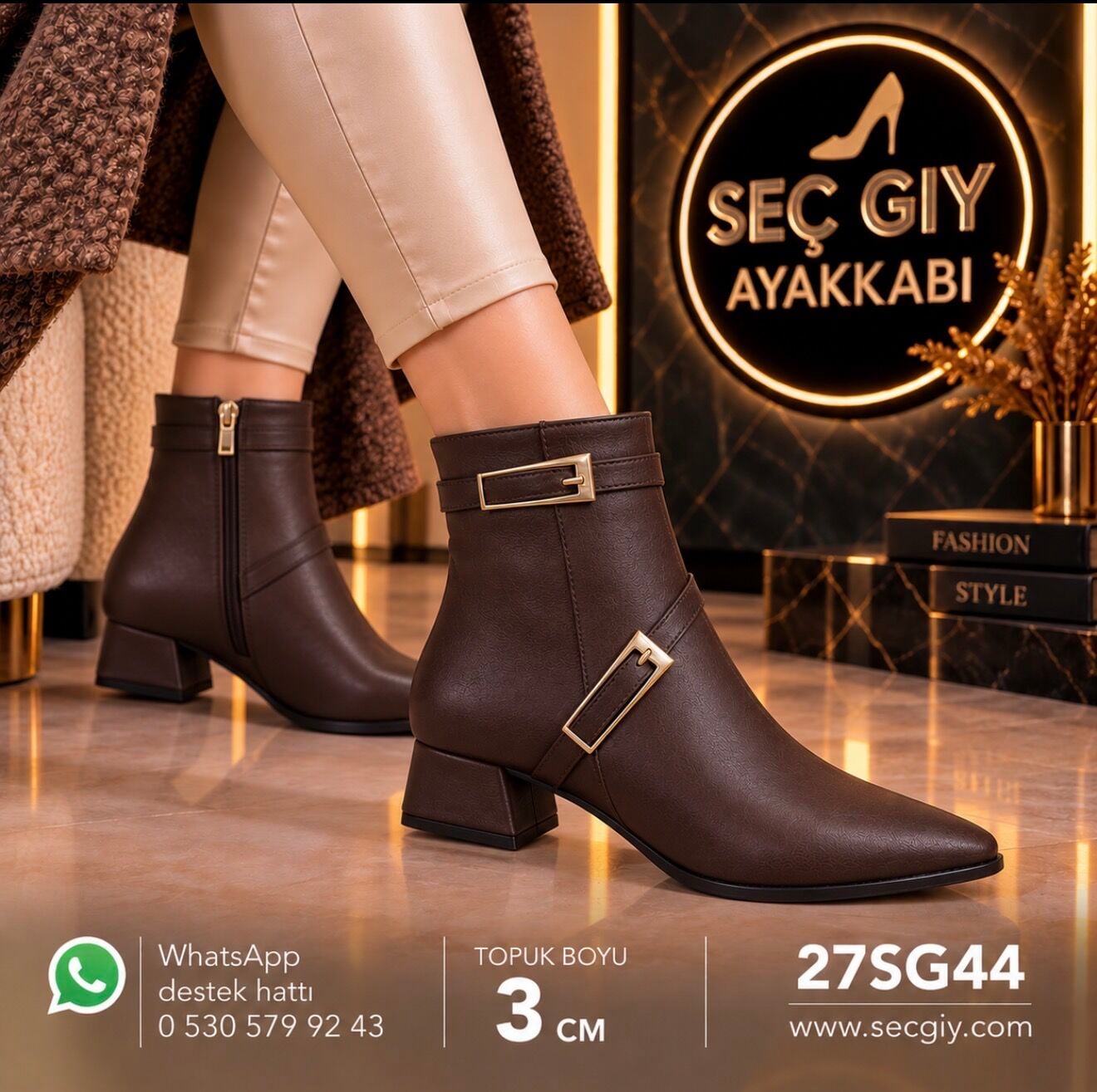 Acı Kahve Kadın Tokalı Bot – Sivri Burun 3 cm Topuk