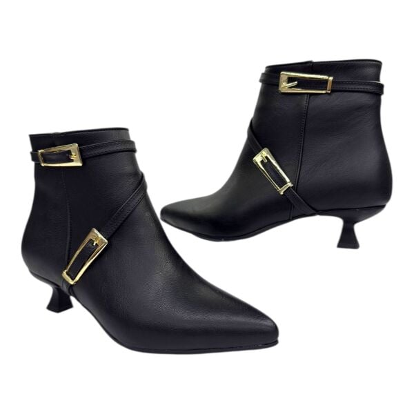 Siyah Çift Tokalı İnce Topuk Kadın Bot