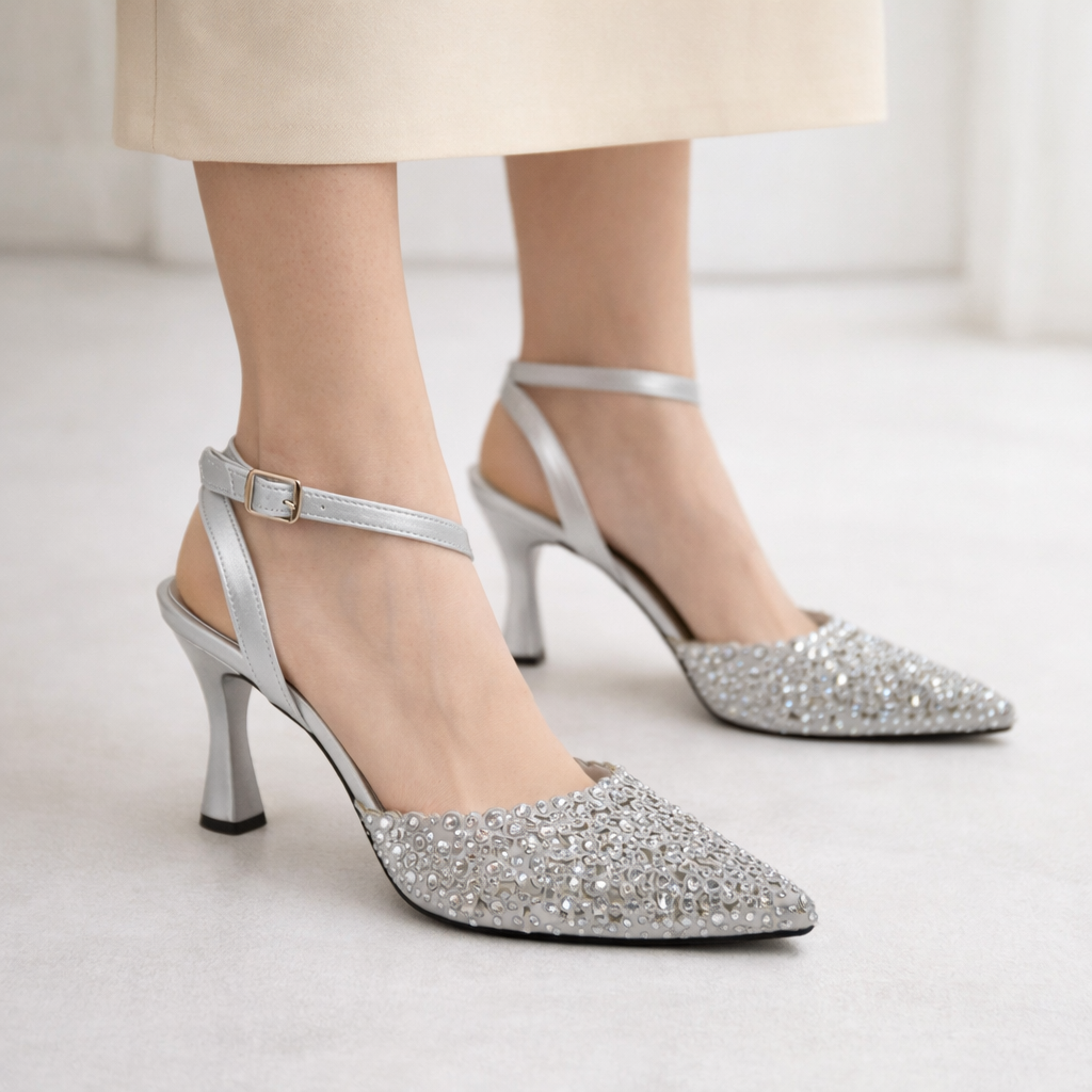 Beyaz Taşlı Abiye Kadın Ayakkabı - Yüksek Topuklu Zarif Model