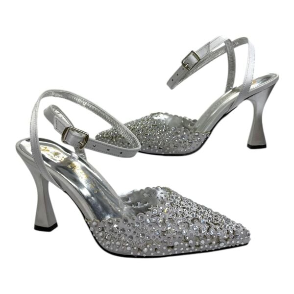 Beyaz Taşlı Abiye Kadın Ayakkabı - Yüksek Topuklu Zarif Model