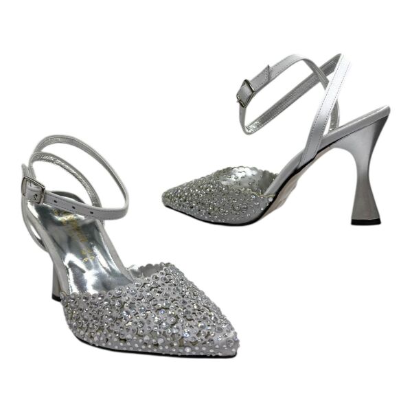 Beyaz Taşlı Abiye Kadın Ayakkabı - Yüksek Topuklu Zarif Model