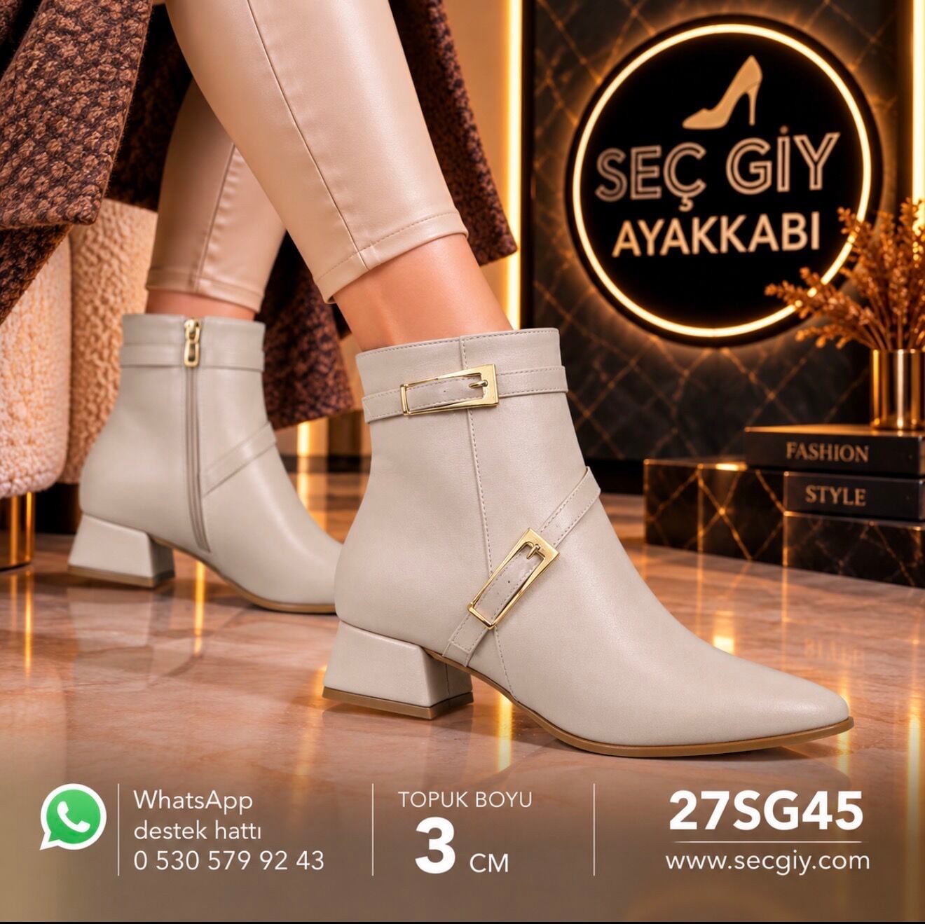 Krem Kadın Tokalı Bot – Sivri Burun 3 cm Topuk