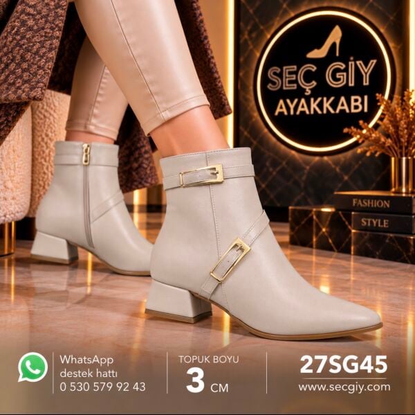 Krem Kadın Tokalı Bot – Sivri Burun 3 cm Topuk