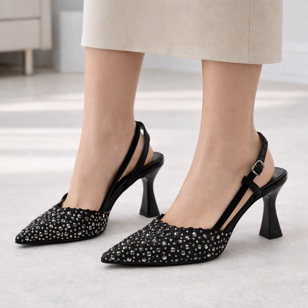 Siyah Taşlı Abiye Topuklu Kadın Ayakkabı - Gece Daveti Modeli