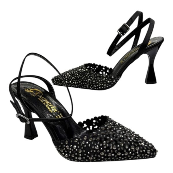 Siyah Taşlı Abiye Topuklu Kadın Ayakkabı - Gece Daveti Modeli