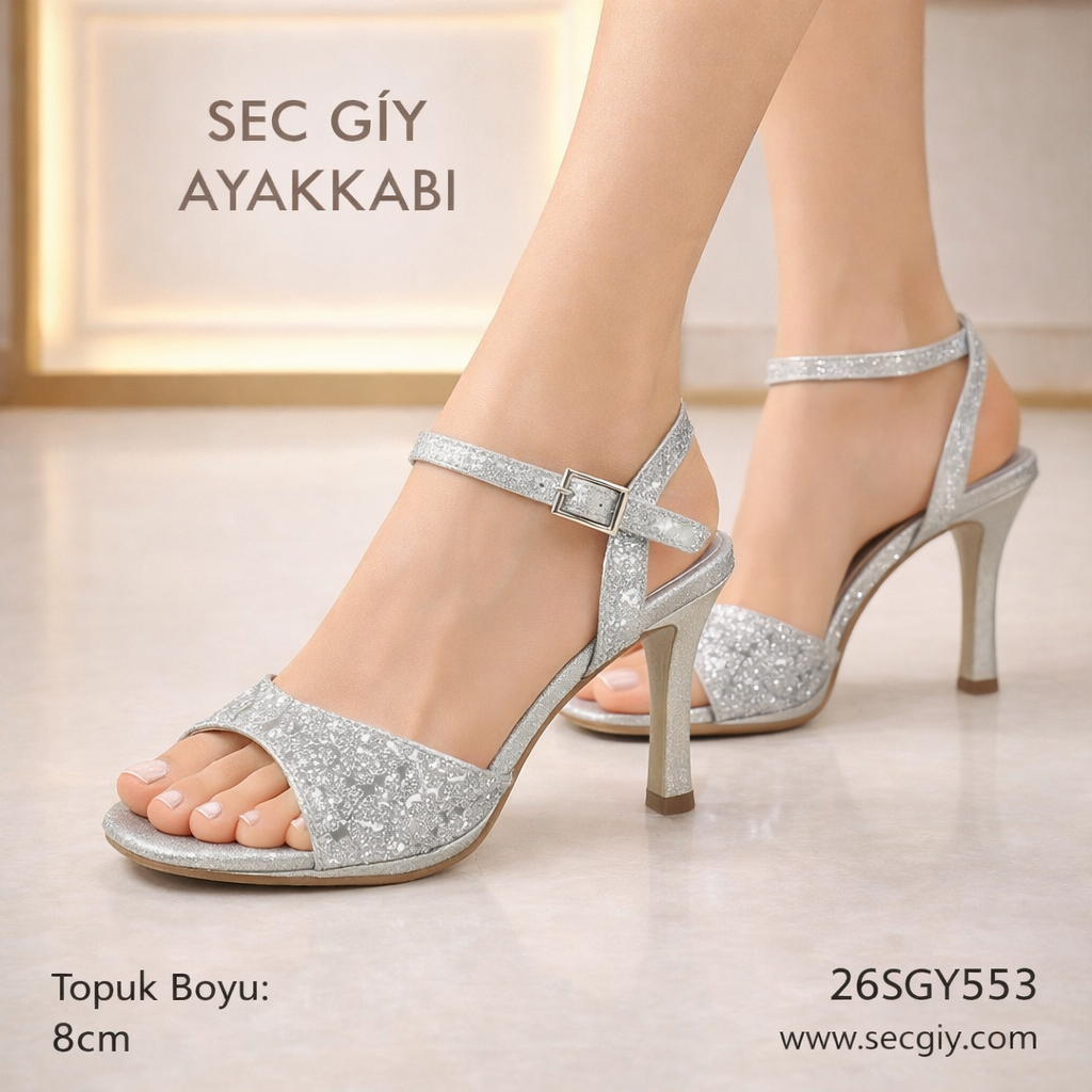 Gümüş Simli İnce Bantlı 8 cm Topuklu Kadın Sandalet Bilekten Tokalı Abiye Ayakkabı