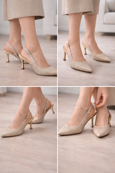Kadın Altın  Topuklu Ayakkabı – Parlak Dokulu, Sivri Burun Şık Stiletto